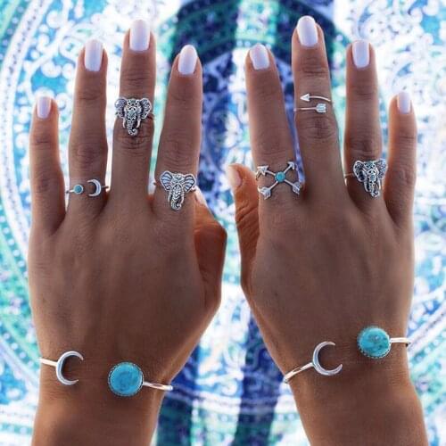 Hot Bohemian Elephants Ring Retro Moon Arrow Blue Stone Rings Lucky Stackable Midi Rings Set for Women Party Gifts 6pcs/set