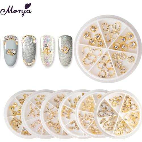 Monja Butterfly Petal Gold Nail Art Decoration Wheel Mixed Shaped Metal Hollow Rivet Shiny Rhinestone Pearl Manicure Accessories