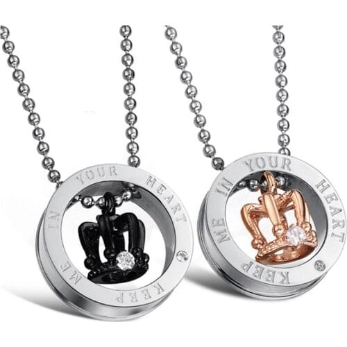 Keep Me in Your Heart King Queen Crown Pendant Necklace Stainless Steel Valentine His & Hers Couples Gift Lovers' Necklaces Set