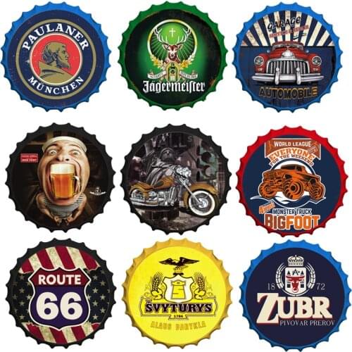 Beer Bottle Cap Sign Motor Car Metal Round Plate Hanging Crafts Decor Man Cave Tin Sign Garage Bar Cafe Home Decor Wall Plaques