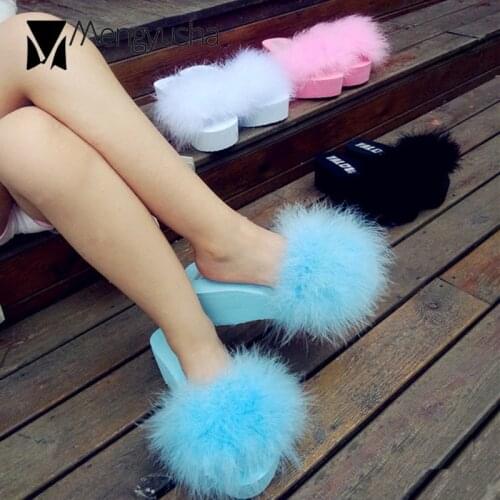 Colorful feather flip flops women platform wedges summer slippers shoes high heels ostrich fur sandals pantufa furry slides c478