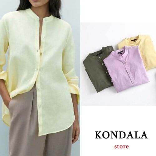KONDALA Za 2021 Office Lady Oversized Long Shirts Women Cotton Solid O Neck Loose Shirts Female Summer Casual Blouses Chic Tops
