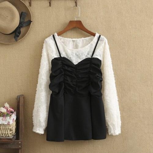 Plus Size Shirts For Women Fashion Long Sleeves O-Neck Suspenders Fold High Quality Princess Shirt Loose Shirt For Spring Dress