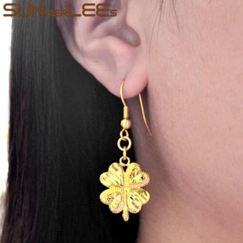 SUNNERLEES Fashion Jewelry Gold-Color Drop Earrings Delicate Four Leaf Clovers Dangles For Womens Girls P07 YE