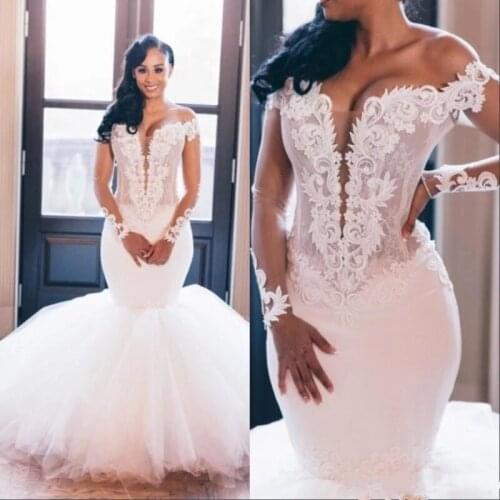 African Mermaid Wedding Dress 2023 vestido de noiva Long Sleeve Wedding Gowns Sexy V Neck Handmade Bridal Dresses