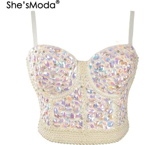 Gorgerous Rhinestone Bead Pearls Bustier Push Up Wedding Bralette Womens Bra Cropped Top Vest Plus Size