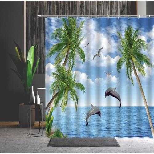 Dolphin Shower Curtain Palm Tree Seagull Sandy Beach Ocean-Animal Natural Scenery home bath hanging curtains Bath Accessories