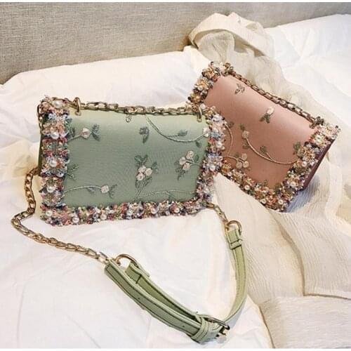 Pearl Fashion Women Chain Messenger Bag Flower Handbag Ladies Girl Crossbody Bags Bead Florals Flap Bag Woman Purse Green