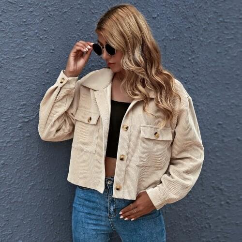 Women Corduroy Jacket Vintage Long Sleeve Button Down Plain Cropped Coat with Pockets