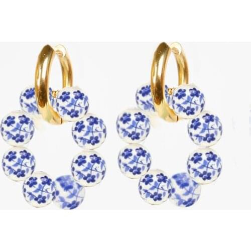 Natural Stones Ethnic Chinese style blue flower ceramic beads earrings for women fashion dangle earring new arrival wholesale
