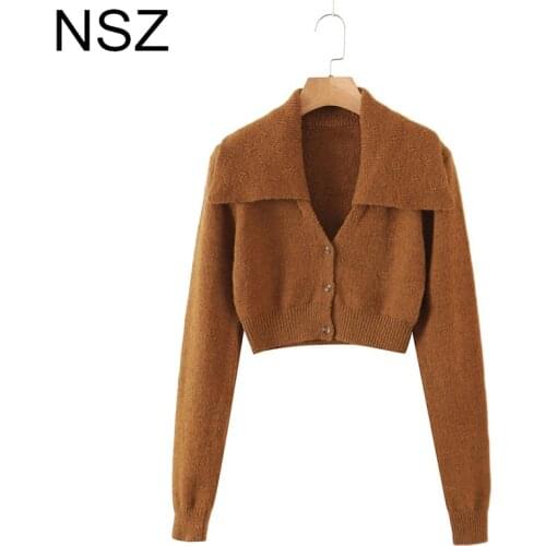 NSZ Women Tight Cardigan Sweater 2021 Sexy Outfit Knit Crop Top Jacket Coat Ladies Knitwear Jumper Pull Femme Jersey Brown Black