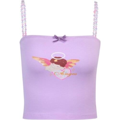 Women Spaghetti Strap Crop Top Cute Cupid Angel Print Bowknot Slim Camisole Vest A0NF