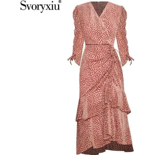 Svoryxiu Designer Autumn Party Sexy V-Neck Velvet Dress Womens Fashion 3/4 Sleeve Package Buttocks Ruffles Dot Dresses