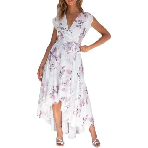 Maxi Floral Dresses For Women 2021 Women Casual Printed V-neck Waist Short Sleeve Irregular Long Dress Vestidos De Mujer Casual
