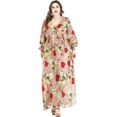 2019 Plus size XL-6XL Summer Dress Women Chiffon Print Long sleeve Maxi Dresses Female V-neck Lantern sleeve Long Dresses G84