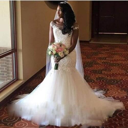 South African Vestido de Noiva Custom Made Mermaid Wedding Dresses Sheer Neck Cap Sleeve Tulle Lace Applique Bodice Bridal robe