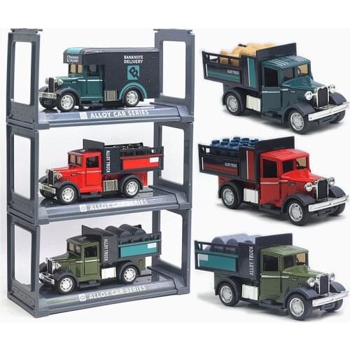 1:32 Alloy Retro Transporter Truck Classic Car Model Set Gift Box Collection Display Stand Sound And Light Toy Vehicle CT0313