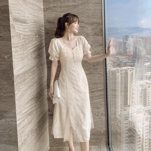 2021 Summer Elegant Square Collar Short Sleeve Beading Female Vestidos Women Mesh Patchwork Slim Mermaid Dresses Robe