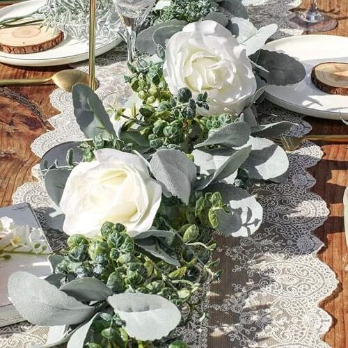 6.7Ft Eucalyptus Garland with Flowers Lambs Ear Greenery White Roses Fake Vines for Wedding Table Mantle