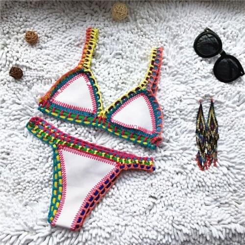 Bikini 2021 Women Handmade Crochet Knit Swimwear Halter Patchwork Bathing Suit Swimsuit Biquini Thong Bikini traje de bano