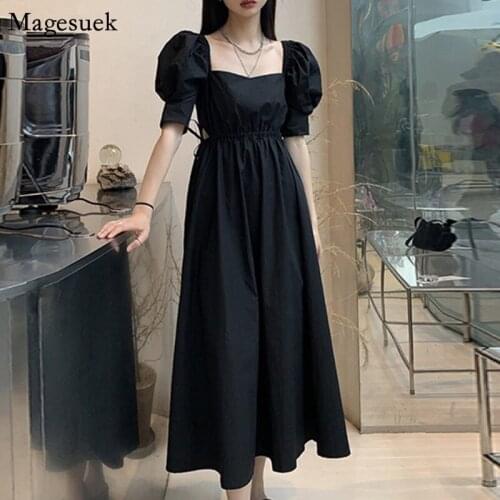Summer Black Loose Dress Women 2021 New Vinatge Square Collar Woman Dress Midi Hollow Short Sleeve Plus Size Dresses Robe 14502