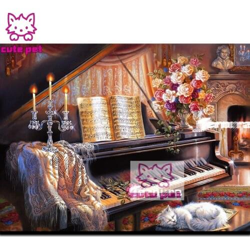 Diamond art kit Piano rose flower 5D diamond painting Fireplace cat DIY full diamond home decor art embroidery Mosaic rhinestone