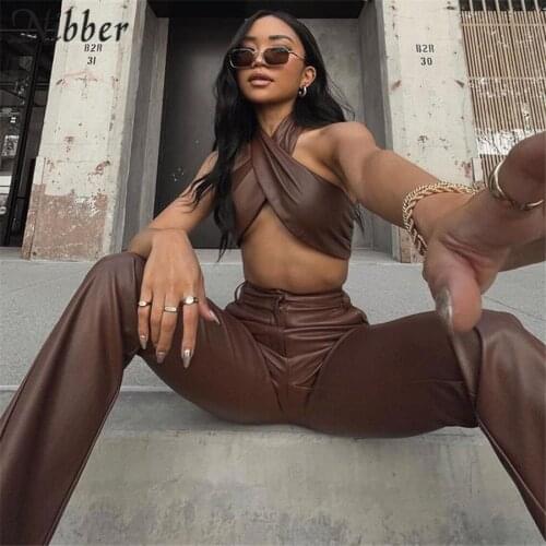 Nibber Autumn Solid Color Fashion Two-Piece Halter Collar Short Camisole + Slim Pants Ladies PU Leather Commuter Street Wear