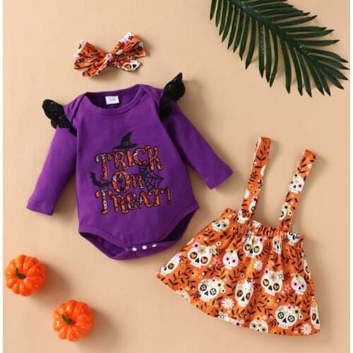 2021 New Baby Halloween Clothes Baby Girl Clothes Set 3 Pcs Sets Letter Flying Sleeve Tops+print Suspender Skirt+headband 0-18M
