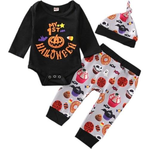Baby My First Halloween Outfits Baby Girl Letter Print Romper + Pants + Beanie Cap 3Pcs Clothes Newborn Set