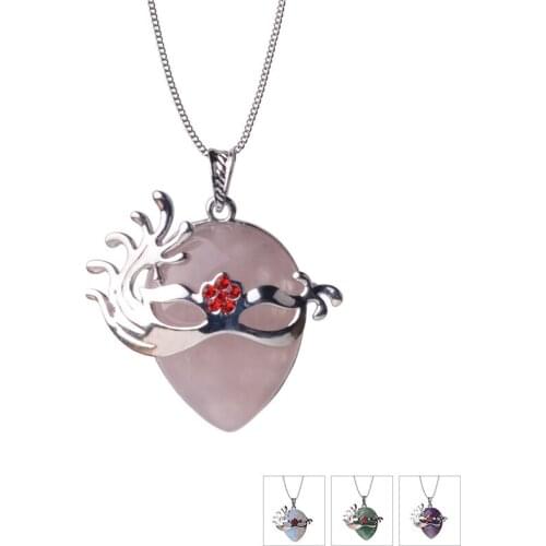 Pink Quartz Fox Mask Tear Drop Necklaces Pendants Healing Crystal Opal Aventurine Tiger eye Vintage Necklace Party Gift