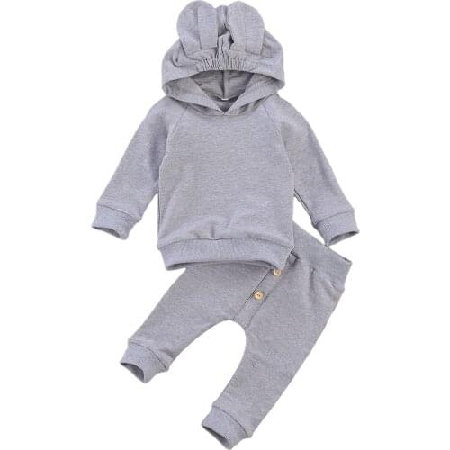 2 Pcs Newborn Babys Casual Suit Solid Color Long Sleeve Hoodie with Cute Ears Loose Button Trousers Toddler Boys Girls Clothes