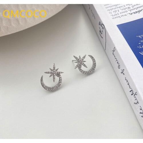 QMCOCO Japan-Korea Fashion Star Moon Zircon Ear Stud 925 Silver New Arrival Elegant Temperament Women Ear Ornaments