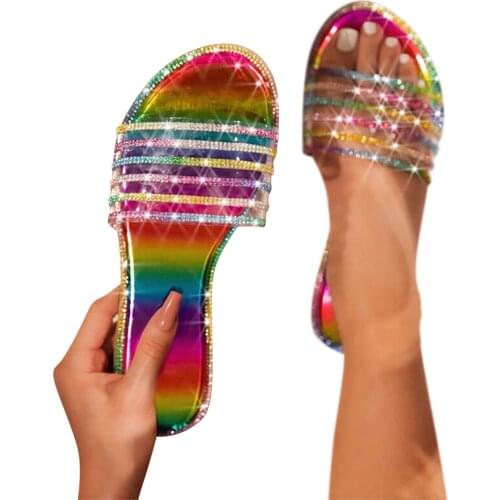 Fashion Crystal Sequins Slippers Women Shoes Summer Sandals Casual Flat Pvc Transparent Glitter Slides Sandalias Женская Обувь