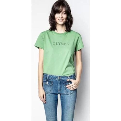 Green Summer Women Casual Letter Print Cotton T-Shirt Female High Street Brand Fashion New Top Ladies Hit Color O-Neck Tee ML079