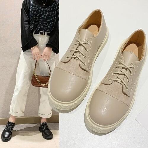 2020 New Lace Up Leather Brogues Flats Female Oxfords Shoes For Women Plus Size Square Heels Shoes Woman Ladies Shoes Creepers