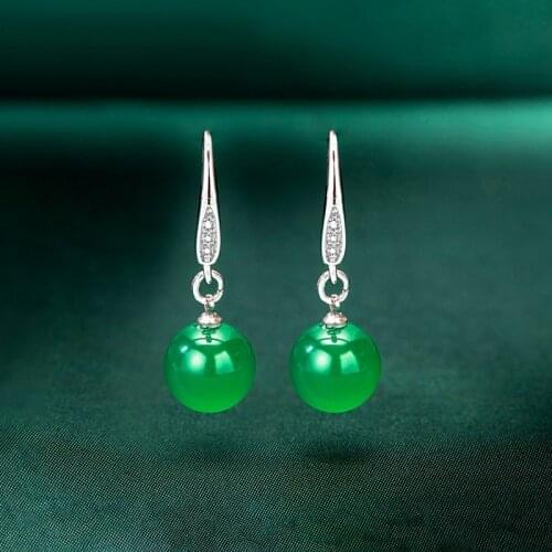 10mm Natural Green Jade Bead Drop Earrings 925 Silver Jadeite Chalcedony Amulet Fashion Charm Jewelry Gifts for Women Her