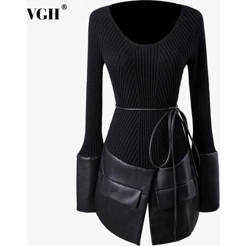 VGH Black Sweaters For Women O Neck Flare Long Sleeve High Waist Lace Up Patchwork Pu Knitted Pullovers Female 2020 Autumn Tide