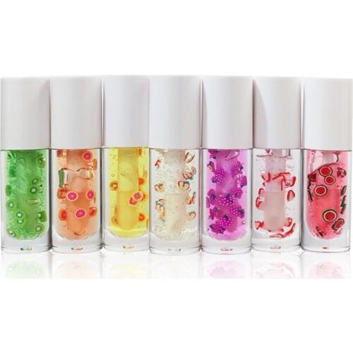 7 Colors White Lid Chubby Round Tube Fruit Transparent Lip Oil Private Label Moisturizing and Hydrating Cute Lip Glaze