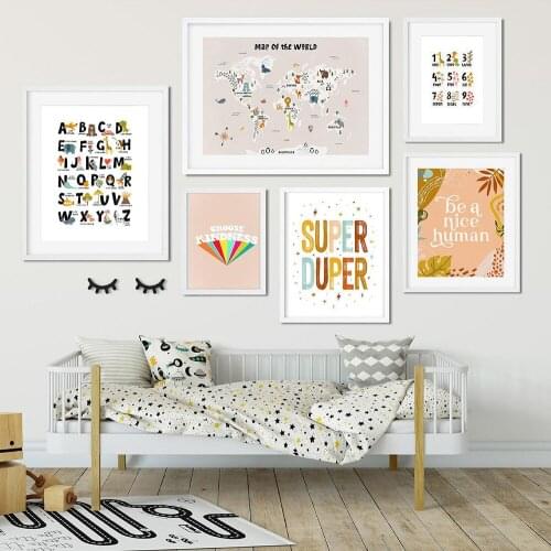 ABC Alphabet Poster Boho Print Animal World Map Posters Nursery Wall Art Canvas Painting Nordic Wall Picture For Kids Room Decor