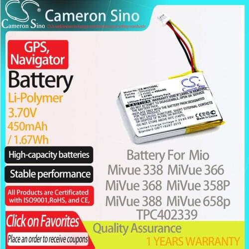 CameronSino Battery for Mio Mivue 338 MiVue 366 MiVue 368 MiVue 388 MiVue 358P fits Mio TPC402339 GPS,Navigator battery 450mAh
