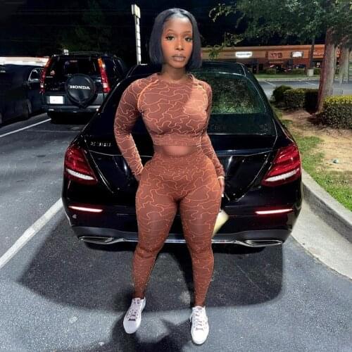 DSMTRC 2021 Summer Print Long Sleeves Slim Navel Top Leggings Set Bodycon Sexy Party Elegant Club Y2K Robe Beach