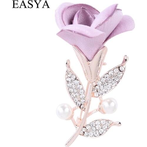 EASYA 2018 New Fashion Fabric Flower Brooch pins Rhinestone Crystal Pearl Brooches Lapel Pins Jewelry For Women Girls