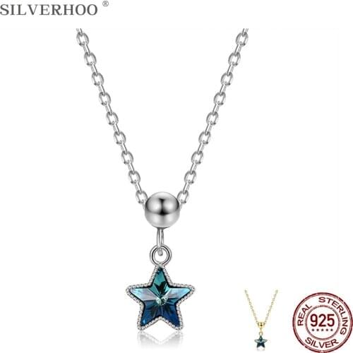 SILVERHOO 925 Sterling Silver Pendant Necklace For Women Five-Pointed Austria Crystal Necklace Party Fine Jewelry Trend 2021 New