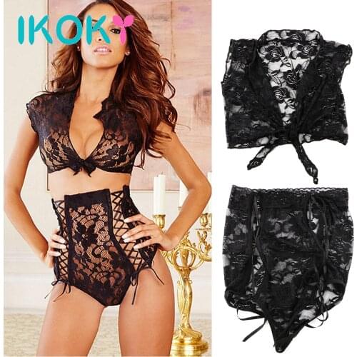 IKOKY Sleepwear Perspective Lace Lingerie Set Sexy Lingerie Sex Costume Exotic Apparel Black Underwear