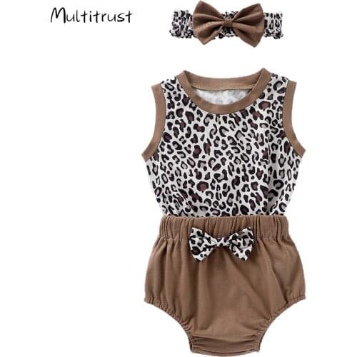 Toddler Girls Clothing Set Cotton Leopard Print Infant Sleeveless Bodysuit Jumpsuit+Shorts+Headband 3pcs