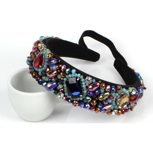 Colorful Chunky Glass Crystal Bead Luxury Statement Rhinestone Hairbands Florate Brand Handmade Baroque Hair Hoop Band Jewelry