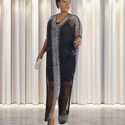 Muslim Dress Sequins Lady Party American Clothing Abaya Dubai Voile Tulle African Design Flared Sleeves Loose Robe Gowns