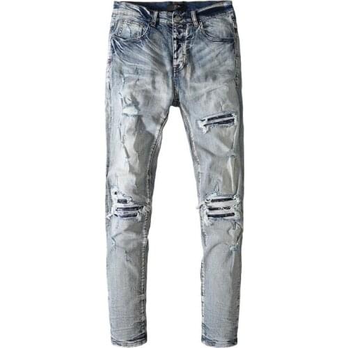 New Mens Male Fashion Blue Street Retro Distressed Ripped Patchwork Jeans Slim Feet Zipper Beggar Pants Trend Denim Trousers