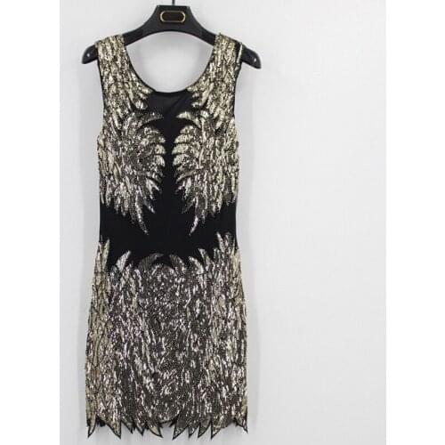 H80&S90 New Women Sparkly Sexy Female V-Neck Sleeveless Sequin Dresws Heavy Embroidered Beaded Irregular Hem Night Club Dress