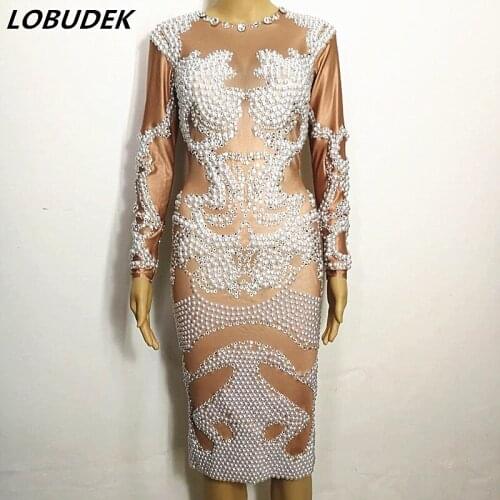 Formal Prom Ladies Singer Stage Costumes Dancer Star Bar Party Models Catwalk Sexy Performance dress white Pearl Crystals Dress